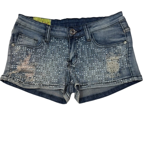 Machine.   Blue Jean Shorts with Distressed Cuffs and Sparkle - Picture 1 of 7